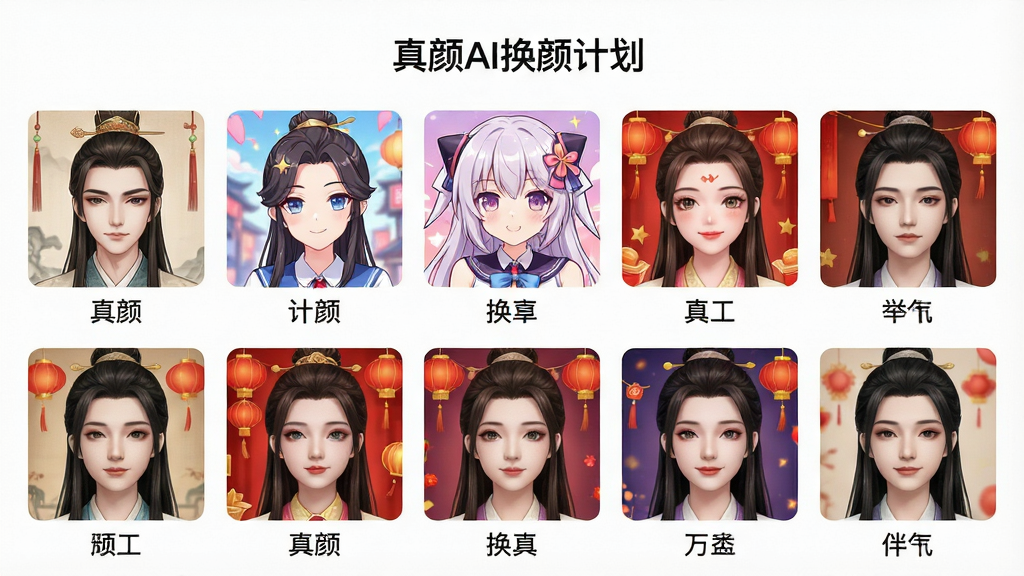 一张真颜AI换颜计划模板库界面展示图,画面为手机屏幕中排列整齐的多个换颜模板缩略图,包含古风、动漫、节日等不同风格,每个模板下方标注分类名称,顶部有“真颜AI换颜计划”标题,布局为网格状排列,风格清新明亮,细节清晰,画质高清,干净无多余元素