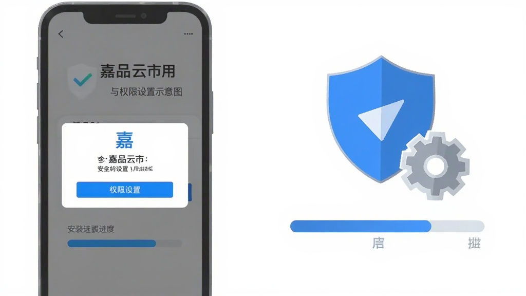 嘉品云市应用安装与权限设置示意图,画面为手机屏幕展示权限授权弹窗与安装进度条,旁边配有盾牌与齿轮图标象征安全设置,风格简洁扁平,配色以蓝色和灰色为主,布局清晰,细节干净,画质明亮,无多余元素
