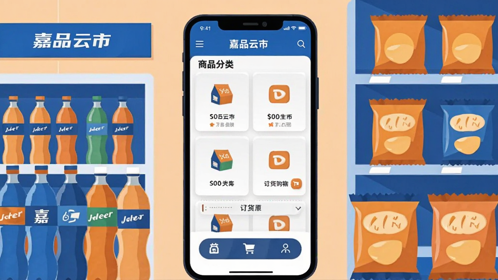 嘉品云市手机应用界面展示,画面中央是一部竖屏智能手机,屏幕上呈现商品分类列表与订货购物车页面,手机两侧环绕便利店货架、饮料瓶、零食包装盒等元素,整体采用扁平化插画风格,配色以品牌蓝与暖橙色为主,布局居中对称,细节干净利落,画质清晰,无多余装饰元素