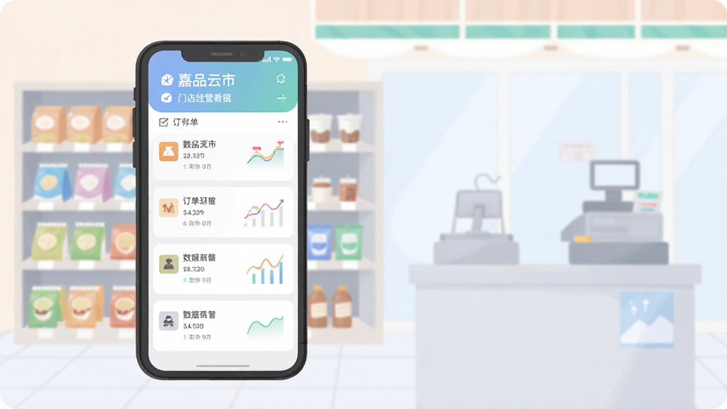 嘉品云市门店经营数据看板插画,画面为手机屏幕展示订单列表与数据图表,背景有便利店货架与收银台轮廓,风格为清爽扁平插画,配色柔和,布局规整,细节简洁,画质清晰,无多余元素