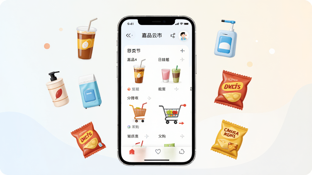 嘉品云市商品采购场景插画,画面主体为一部手机屏幕显示商品分类与购物车,周围漂浮着饮料、日用品、零食等商品图标,背景为浅色渐变,风格简洁现代,构图居中,细节清晰,画质干净,无杂乱元素