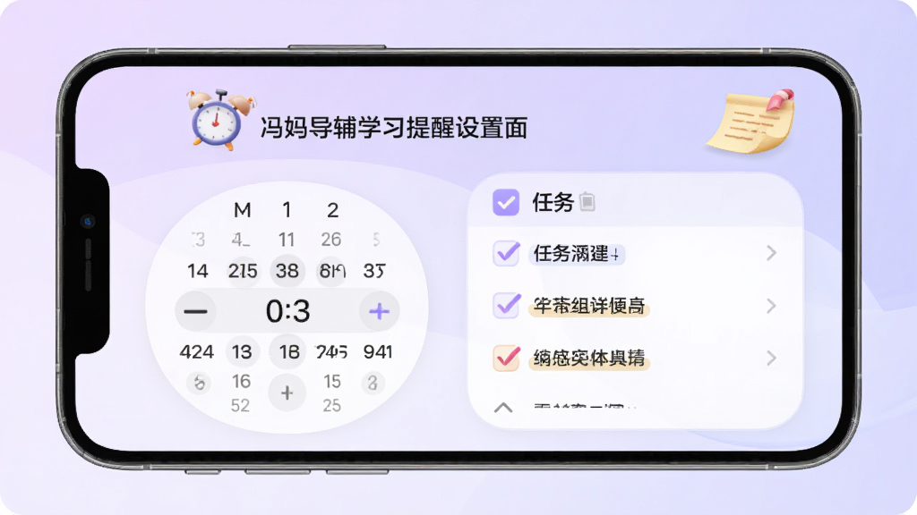 冯妈导辅学习提醒设置页面,手机界面显示时间选择器与任务清单,界面元素排列有序,背景为淡紫色渐变,搭配闹钟与便签图标,风格柔和圆角,画质清晰干净,无多余元素