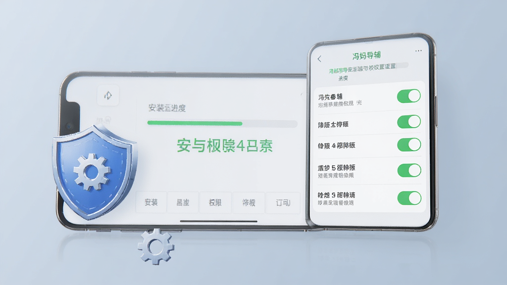 冯妈导辅安装与权限设置示意场景,手机屏幕显示安装进度条与权限开关列表,旁边放置盾牌与齿轮图标,背景为浅灰蓝色,风格简洁科技感,排版清晰,画质干净高清