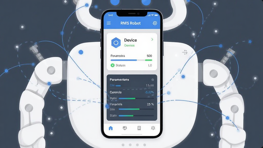 ��������Ϊһ�������ֻ����з��ã���Ļ��չʾRMS RobotӦ�ý��棬�����豸����״̬��Ƭ�����в�����壬�ֻ���Χ���Ƽ��Ļ�������������������������㣬���ֲ������ĶԳƹ�ͼ�����Ϊ�ִ��Ƽ��б�ƽ�廭��ϸ�ڰ�������ͼ�ꡢ��������״ָ̬ʾ�ƣ����������ɾ����޶���Ԫ�أ�����ɫ�������׻�Ϊ��