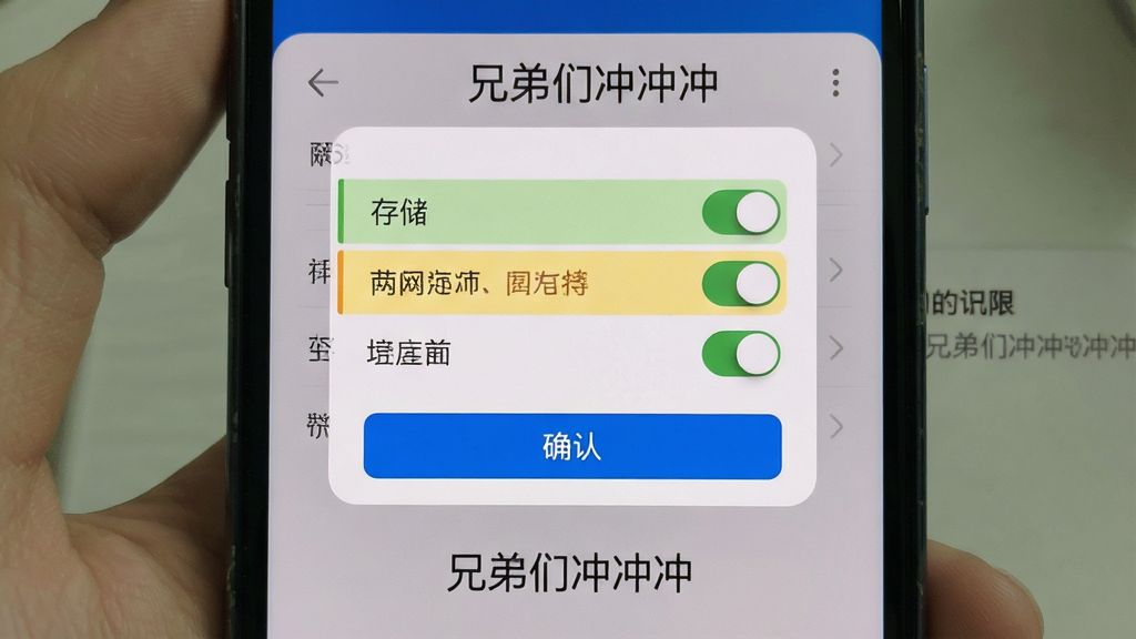 一张表现手机游戏设置与权限界面的生图,主体为手机屏幕显示权限管理弹窗,布局为居中手机特写,排版上弹窗内列出存储、网络等权限开关,风格为简洁系统UI风,细节包括高亮提示条与确认按钮,画质清晰干净,画面中带文字“兄弟们冲冲冲”,无多余元素