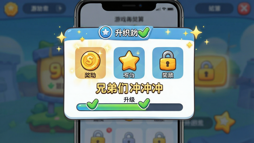 一张表现游戏奖励结算界面的生图,主体为手机屏幕中央弹出奖励面板,布局为居中弹窗式构图,排版上显示金币、星星与解锁图标排列整齐,风格为清爽卡通UI风,细节包括闪光特效、对勾标记与升级进度条,画质干净明亮,画面中带文字“兄弟们冲冲冲”,无多余装饰