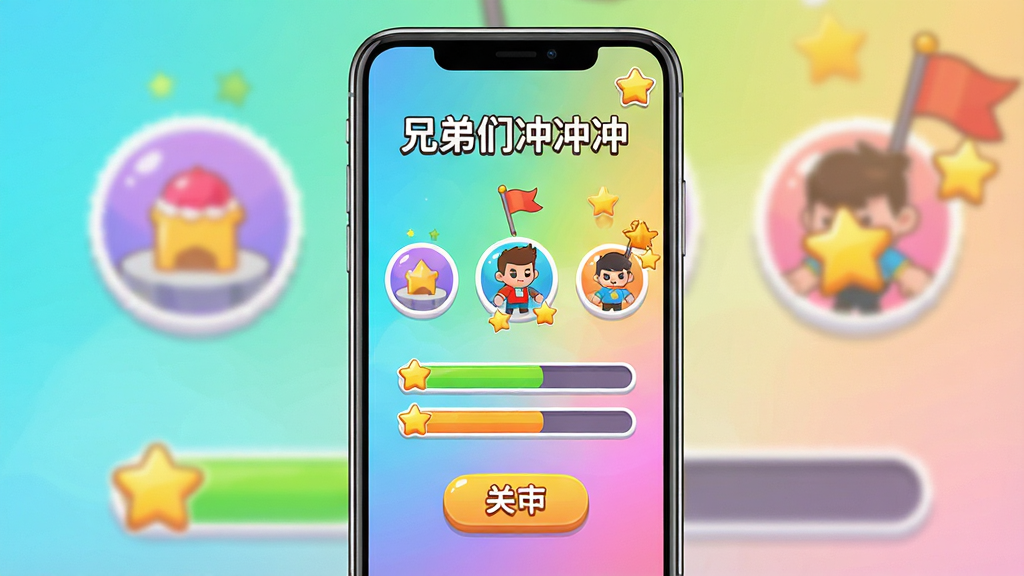 一张展示休闲闯关手游界面的生图,主体为手机屏幕中显示色彩明快的关卡选择界面与卡通角色,布局为居中的手机正面视图,排版上屏幕内呈现多个圆形关卡图标与进度条,风格为扁平卡通休闲游戏风,细节包括明亮渐变背景、圆润按钮、小旗帜与星星奖励元素,画质清晰干净,画面中带文字“兄弟们冲冲冲”,整体无多余装饰元素
