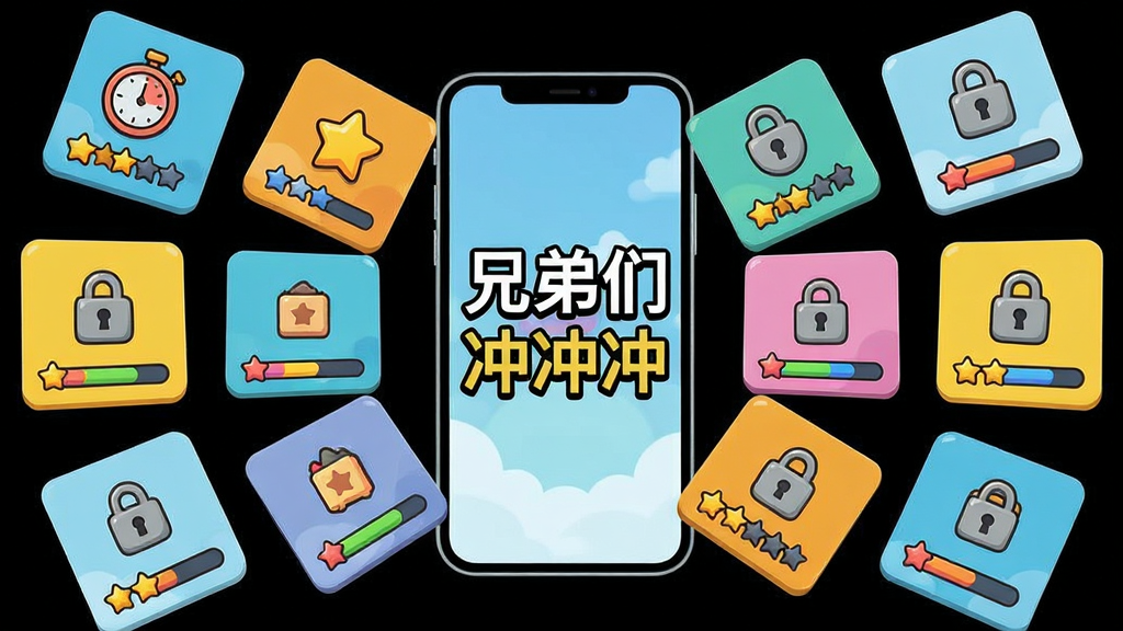 一张表现手游关卡合集的生图,主体为多个悬浮的方形关卡卡片,布局为环绕中心手机屏幕呈放射状排列,排版上每张卡片内展示不同迷你玩法图标,风格为活泼卡通扁平插画,细节包括计时器、星星评分、锁形图标与彩色进度条,画质干净清晰,画面中带文字“兄弟们冲冲冲”,无多余元素