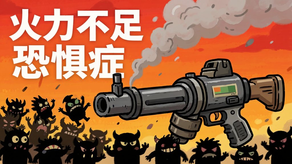 画面中央是一把冒着硝烟的卡通重机枪,枪口正前方密密麻麻排列着成群的小怪物剪影,背景为橙红色渐变战场天空,画面左上角写着“火力不足恐惧症”六个白色粗体字,整体采用扁平卡通插画风格,色彩饱和度高,构图紧凑,细节干净,画质清晰,无多余元素