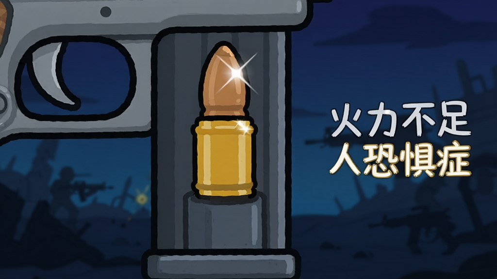 一把卡通手枪的弹匣特写,弹匣里只剩最后一颗金色子弹,子弹表面有高光反射,背景是深蓝色渐变的暗色战场,画面右侧写着“火力不足恐惧症”小字标识,扁平卡通风格,构图简洁,细节清晰,画质干净,无多余元素