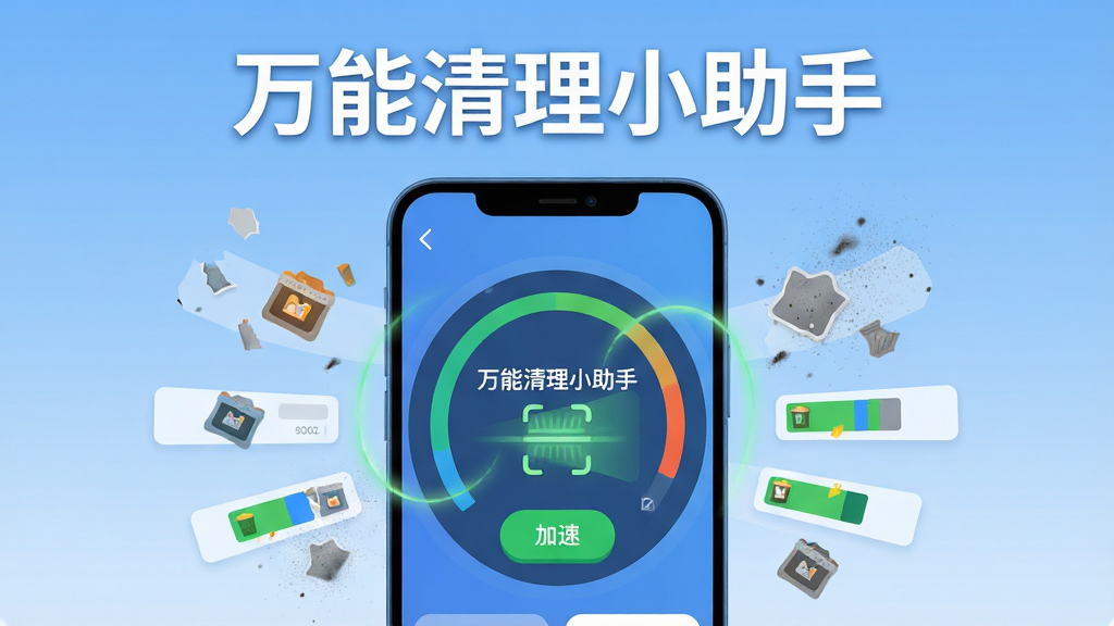 画面中央放置一部安卓智能手机,屏幕显示“万能清理小助手”的圆形清理仪表盘界面,周围环绕漂浮的缓存碎片、灰尘颗粒与存储空间条,主体位于画面正中偏上,布局采用左右对称的科技感构图,排版上软件名称“万能清理小助手”以白色粗体字置于顶部居中位置,风格为清爽的扁平化UI插画风,细节包含绿色加速按钮、扫描光效、存储空间环形图与细小的垃圾图标,画质为高清2K、干净无多余元素、背景为浅蓝渐变