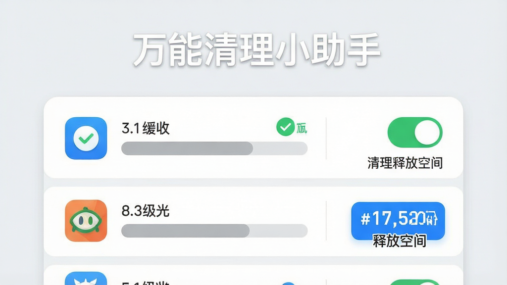 画面主体为一部手机屏幕内展示分类清理列表,左侧为应用图标与缓存大小条,右侧为清理开关与释放空间数字,布局采用左右分栏的卡片式排版,排版上顶部居中放置“万能清理小助手”白色标题文字,风格为清新浅色系扁平UI插画,细节包含绿色对勾、灰色缓存条、蓝色释放空间高亮数字,画质高清、干净整洁、无多余装饰、背景为浅灰白色