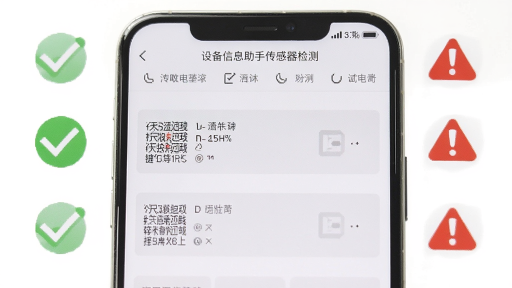 一部手机屏幕显示设备信息助手传感器检测页面,旁边有绿色对勾图标与红色警告图标对比排列,背景为白色,布局上下结构突出对比效果,风格简洁明快,细节包含传感器名称文字,画质清晰干净无多余元素