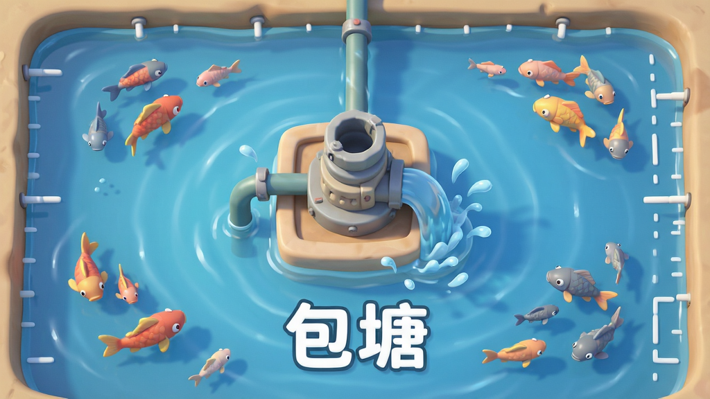 主体为俯视视角的鱼塘水面,布局为中央抽水设备、四周分布鱼群、边缘显示水位刻度,排版突出设备与鱼群的位置关系,风格为清爽卡通渲染,细节包含水花、水管、刻度线、游动的鱼,画质细腻干净,画面中打文字“包塘”,无多余元素