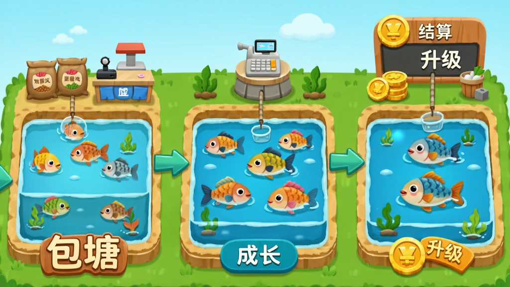 主体为卡通鱼塘场景,布局为左侧鱼苗投放区、中部成长中的鱼群、右侧成鱼捕捞与金币结算,排版从左到右呈现经营流程,风格为明快扁平插画,细节包含不同生长阶段的鱼、饲料袋、收银台、升级标识,画质清晰干净,画面中打文字“包塘”,无多余元素