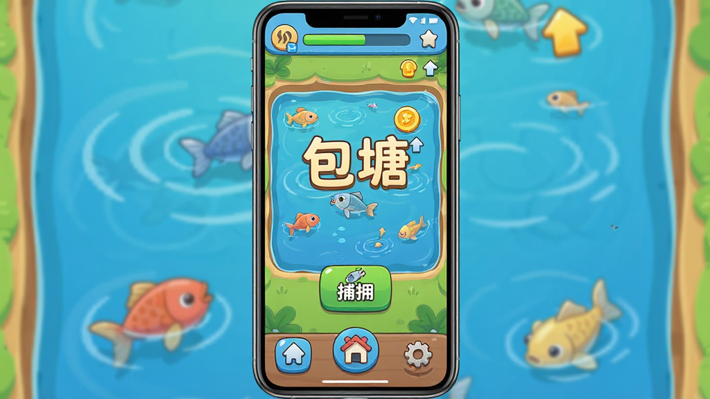 主体为一部竖屏手机,屏幕中央显示鱼塘经营游戏界面,布局为上方状态栏、中部鱼塘水面与捕捞按钮、下方功能菜单,排版居中对称,风格为清新卡通扁平化,细节包含水面波纹、鱼群游动、金币图标、升级箭头,画质高清干净,画面中打文字“包塘”,无多余元素