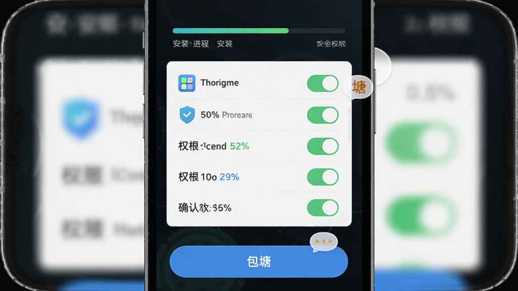 主体为手机屏幕显示游戏安装与权限设置界面,布局为上方安装进度条、中部权限开关列表、下方确认按钮,排版纵向排列,风格为简洁科技感UI,细节包含存储权限图标、安全检测盾牌、进度百分比、提示气泡,画质清晰干净,画面中打文字“包塘”,无多余元素