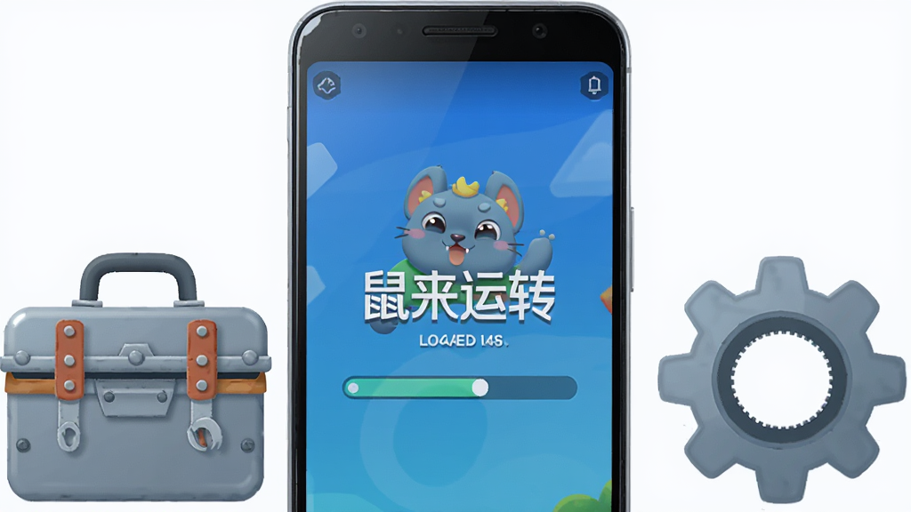 画面主体为一部安卓手机屏幕显示“鼠来运转”游戏加载界面,布局为手机居中、旁边放置一个工具箱图标与齿轮元素,排版简洁直观,风格为扁平化科技插画,细节包括加载进度条、手机边框高光、工具箱金属质感,画质干净清晰,无多余元素