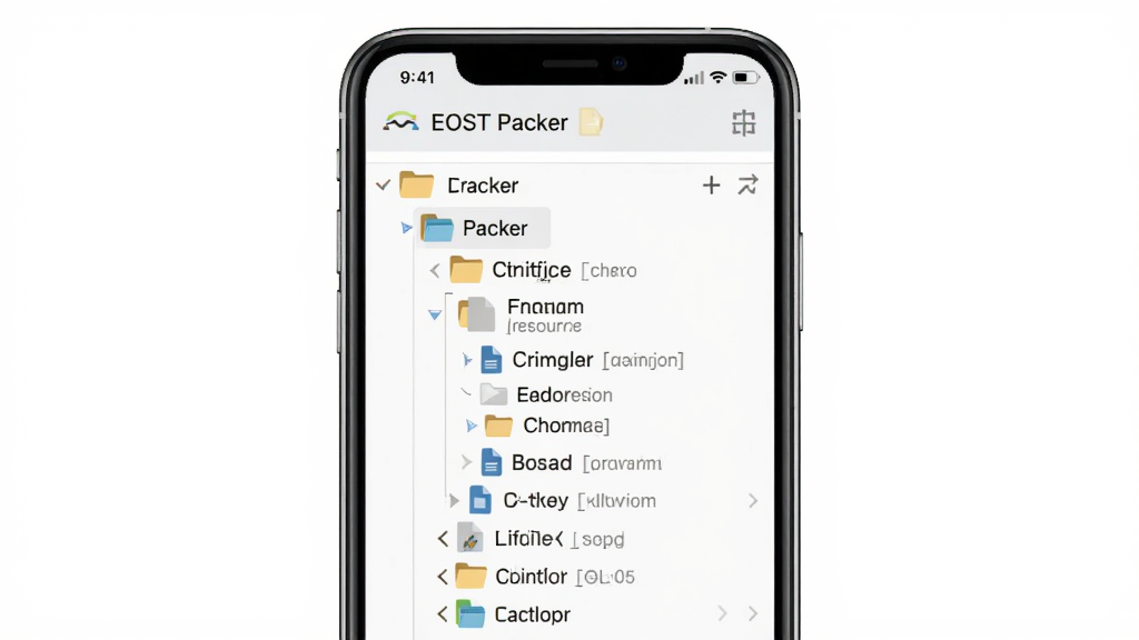 һ��չʾ��EOST Packer����Դ�ṹ�鿴�����ʾ��ͼ����������Ϊ�ֻ���Ļ����Ļ����ʾ��״�ļ��ṹ�б��������ļ������ļ�ͼ�꣬�������ǳɫ����񣬲���Ϊ���½ṹ��ϸ����ͻ���㼶��ϵ���ļ�����ͼ�꣬���������ɾ����޶���Ԫ��
