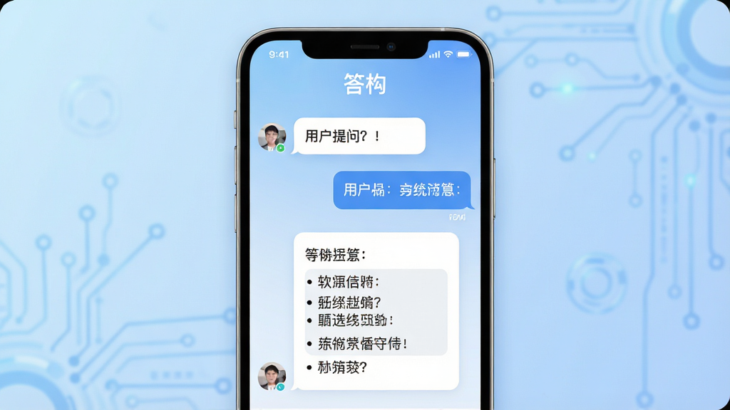一张软件功能展示图,画面主体为手机屏幕中的问答对话场景,屏幕上方显示“答构”名称,中间是用户提问与系统回答的气泡对话,回答内容以分点列表形式排列,布局为上下结构,风格为现代简约科技感,细节包括浅蓝渐变背景、清晰字体、圆角对话框,画质高清干净,无杂乱元素