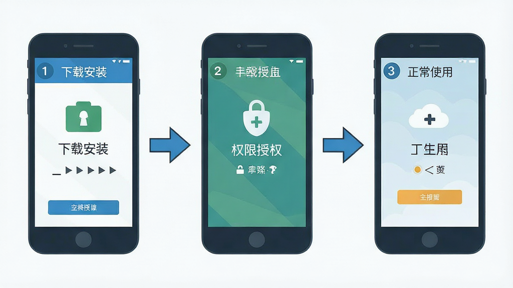 一张手机操作步骤示意图,画面展示三部手机横向排列,分别对应下载安装、权限授权、正常使用三个环节,每部手机屏幕内呈现对应界面,布局为横向流程式,风格为扁平化教程插图,细节包括步骤编号、箭头引导、简洁图标,画质清晰干净,无多余装饰