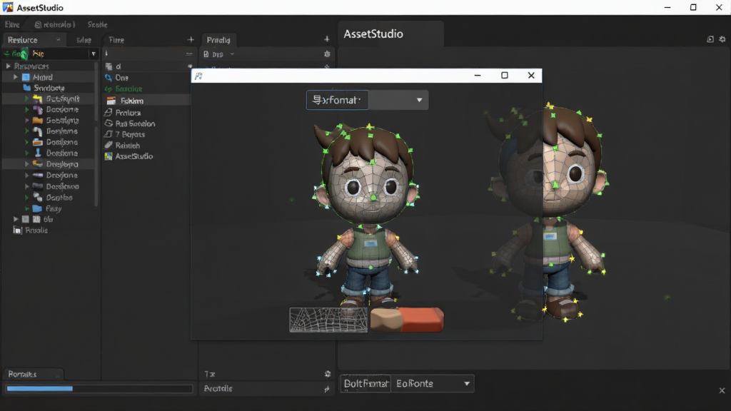 画面主体为AssetStudio软件界面局部特写,屏幕中央弹出一个3D模型预览窗口,模型为卡通角色网格;布局为左侧资源列表、右侧模型预览的双栏结构;排版突出模型线框与实体渲染切换按钮;风格为深色主题软件界面风格;细节包含模型顶点高亮、导出格式下拉菜单、进度条元素;画质清晰锐利,干净无多余元素