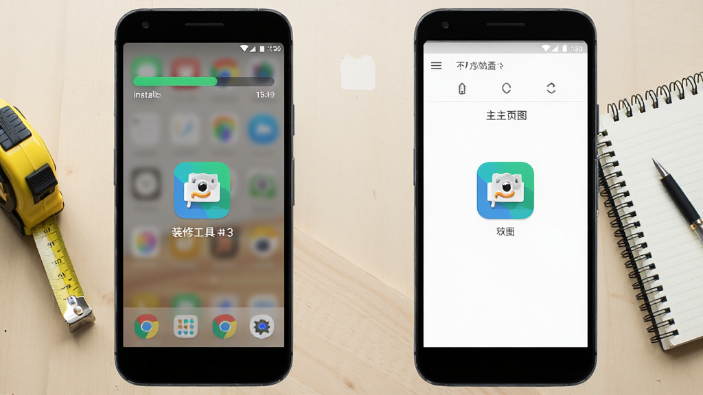 装修工具箱在安卓手机上的安装完成界面与主页面切换示意图,画面展示手机屏幕从安装进度条到应用图标的过渡状态,背景为浅色桌面环境,旁边有卷尺与记事本点缀,风格真实自然,画质清晰,构图简洁