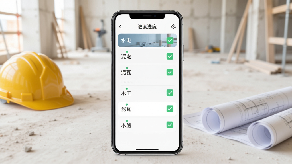 装修工具箱进度记录功能界面,手机屏幕显示分阶段施工进度列表,水电、泥瓦、木工等条目带有勾选状态,背景为浅色工地环境,有安全帽和图纸作为点缀,画面布局规整,风格现代简约,画质清晰,元素干净不拥挤