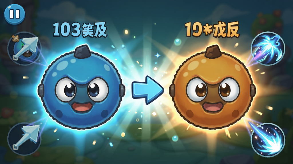 一张球球小英雄游戏界面图,画面展示两个相同等级的球球正在合成升级,周围有光效和数字提示,主体是合成中的球球角色,布局为居中特写,风格卡通明亮,细节包括等级数字、合成箭头、技能特效,画质高清干净,无多余元素
