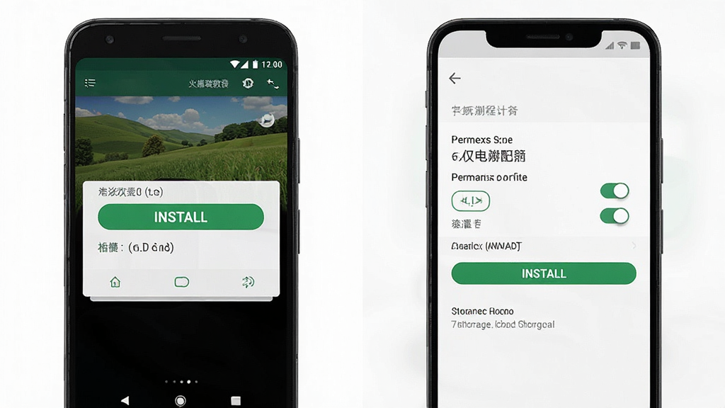 一张手机游戏安装教程示意图,画面展示安卓手机安装界面与权限设置页面,主体是手机屏幕与设置选项,布局为左右分栏对比,风格简洁明了,细节包括安装按钮、权限开关、存储提示,画质高清干净,无多余元素