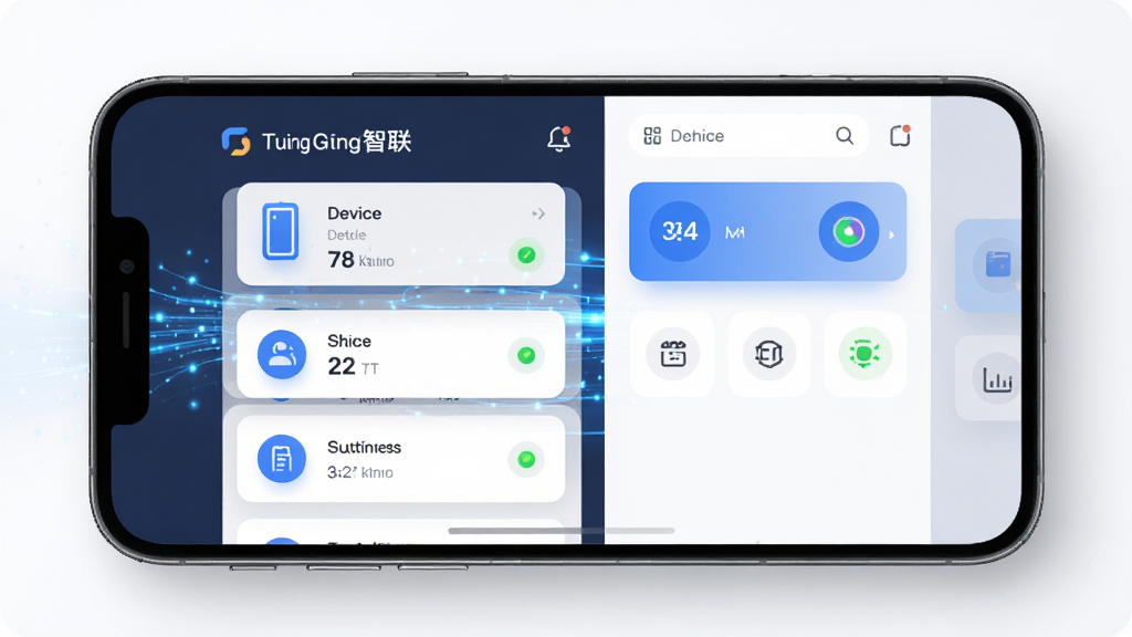 主体为一部智能手机居中放置,屏幕内展示图灵智联应用主界面,包含设备卡片与状态指示灯;布局采用左右分栏,左侧为设备列表,右侧为控制面板;排版干净留白充足;风格为现代科技扁平化;细节包含蓝色数据流光效、圆形图标、柔和阴影;画质高清,画面干净,无多余元素