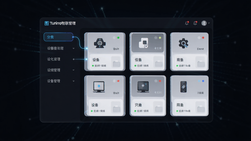 主体为图灵智联设备管理界面悬浮于深色背景之上,左侧为分类标签栏,右侧为设备卡片网格;布局为居中对称构图;排版层次分明;风格为科技感UI展示;细节包含发光连接线、设备图标、在线状态圆点;画质高清,画面干净,无多余元素