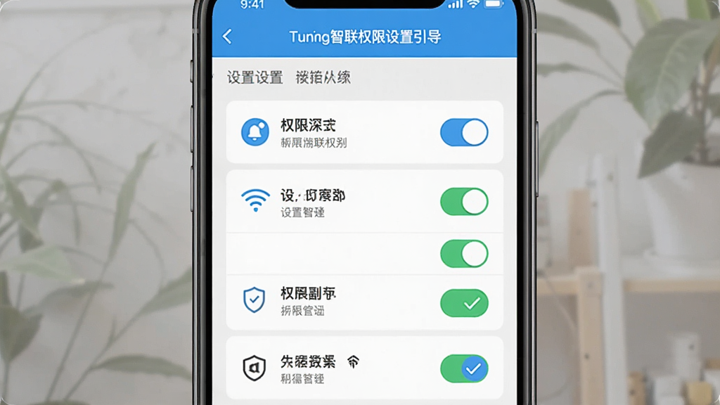 主体为手机屏幕展示图灵智联权限设置引导页,页面内有权限开关列表;布局为居中手机特写;排版清晰纵向排列;风格为教程示意插画;细节包含通知图标、网络图标、勾选状态;画质高清,画面干净,无多余元素