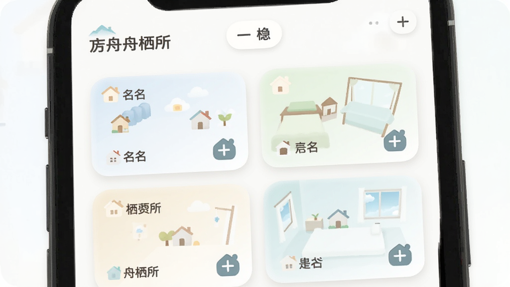 画面主体为“方舟栖所”软件中的房间创建界面,手机屏幕展示多个可自定义命名的房间卡片,卡片带有柔和圆角与浅色底纹,周围点缀小房子图标与加号按钮,布局为上下结构,风格清新简约,细节清晰,画质干净,无多余元素