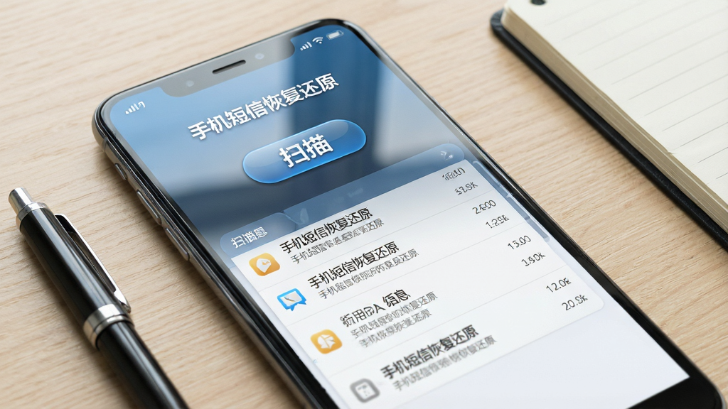 一张手机屏幕特写,画面中央显示“手机短信恢复还原”软件主界面,界面包含扫描按钮与短信列表预览区域,手机平放在浅色木纹桌面上,旁边放着一支笔和一本记事本,整体布局简洁清晰,风格为写实科技风,细节包括屏幕反光、图标阴影、按钮高光,画质清晰,干净,无多余元素