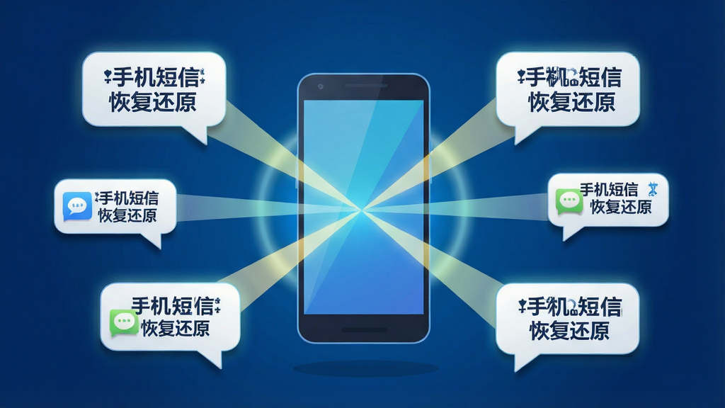 一张科技感十足的示意图,画面主体是一部安卓手机悬浮在深蓝色背景中,手机屏幕向外发散出多条光线连接着若干短信气泡图标,气泡上带有“手机短信恢复还原”字样,布局为手机居中、光线呈放射状,风格为扁平化科技插画,细节包括光晕渐变、气泡圆角、图标阴影,画质清晰,干净,无多余元素
