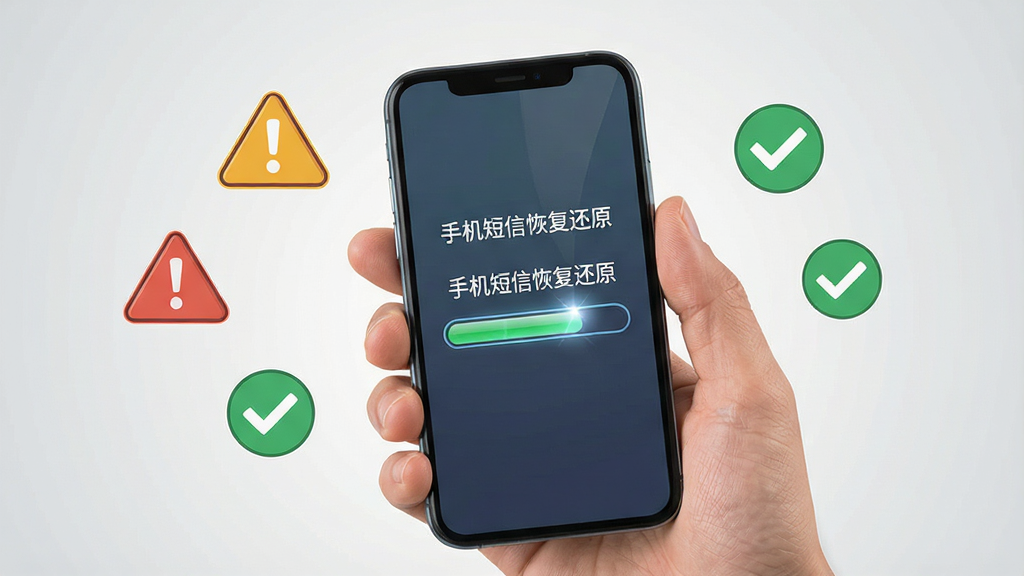 一张手机使用场景图,画面中一只手拿着手机,屏幕显示“手机短信恢复还原”的扫描进度界面,手机周围漂浮着几个警示图标与对勾图标,背景为浅灰色渐变,布局为手机居中偏右,风格为扁平化信息图风格,细节包括手指纹理、图标描边、进度条高光,画质清晰,干净,无多余元素