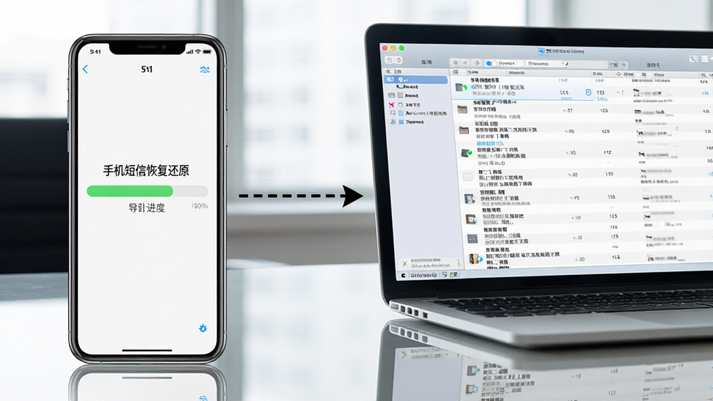 一张手机与电脑协同的场景图,左侧手机屏幕显示“手机短信恢复还原”的导出进度条,右侧笔记本电脑屏幕上显示已导出的短信文本列表,两者之间用一条虚线箭头连接,布局为左右并列,风格为现代办公写实风,细节包括设备边框、屏幕内容、桌面反光,画质清晰,干净,无多余元素