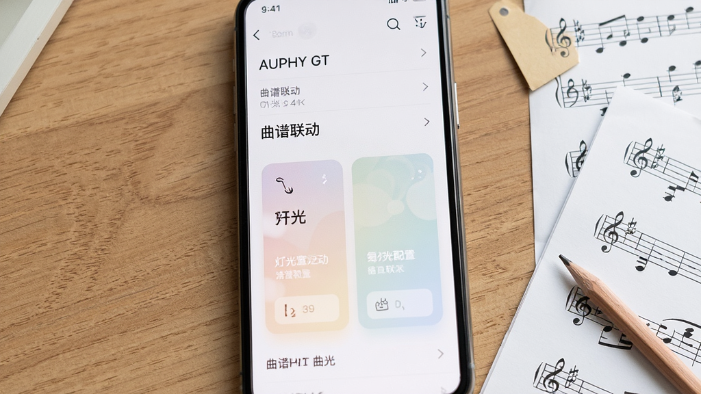 主体为手机屏幕特写,屏幕中展示AUPHY GT曲谱列表页面与灯光配置卡片,旁边放置一张纸质乐谱与一支铅笔,布局为手机占据画面中心、乐谱与铅笔置于右下角,排版为居中构图,风格为清新桌面学习风,细节包含屏幕内曲目名称文字