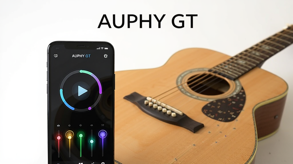 主体为一部智能手机与一把木吉他并排摆放,手机屏幕显示AUPHY GT应用界面,界面中包含节拍器圆环与彩色灯光控制条,布局为手机位于画面左侧三分之一处,吉他斜放于右侧背景,上方留白区域以简洁字体写出