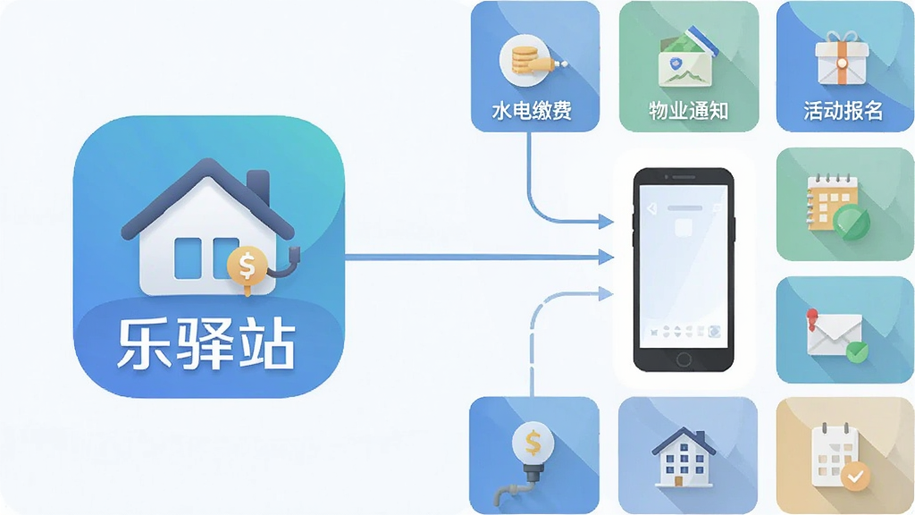 һ�ű�ƽ���廭���ʾ��ͼ���������Ϊ����վӦ��ͼ�꣬�Ҳ���������ʽ����ˮ��ɷѡ���ҵ֪ͨ���������ͼ�꿨Ƭ���м������߻�۵��ֻ���Ļ�������������ɫ��ͣ�ϸ�����������ʸɾ����޶���Ԫ��