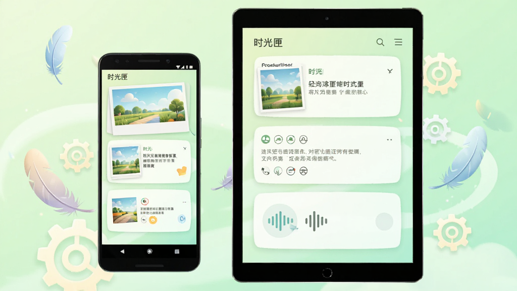 画面为一部安卓手机与平板并排展示,屏幕中显示照片、文字与语音三类卡片并列排布,背景为淡绿色渐变,布局为设备居中、周围环绕轻量羽毛与齿轮元素,风格为清爽简约插画,细节包含圆角卡片与柔和投影,画质清晰干净,无多余元素,图片中写有文字“时光匣”