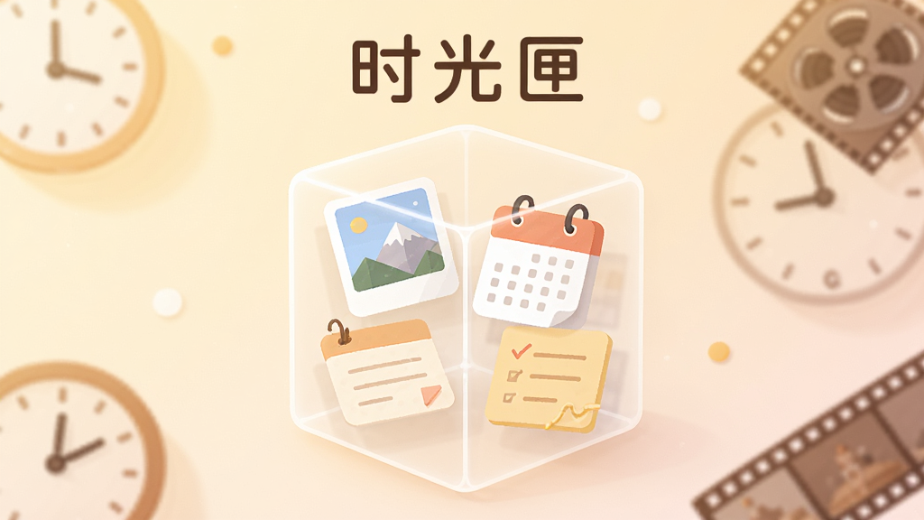 画面中央放置一个半透明的方形数字匣子,匣子内部漂浮着照片、日历和笔记卡片,背景是柔和的暖色渐变,四周点缀时钟与胶片元素,整体布局居中对称,风格为清新简约的扁平插画,细节包含柔和光影与圆角卡片,画质清晰干净,无多余元素,图片上方写有文字“时光匣”