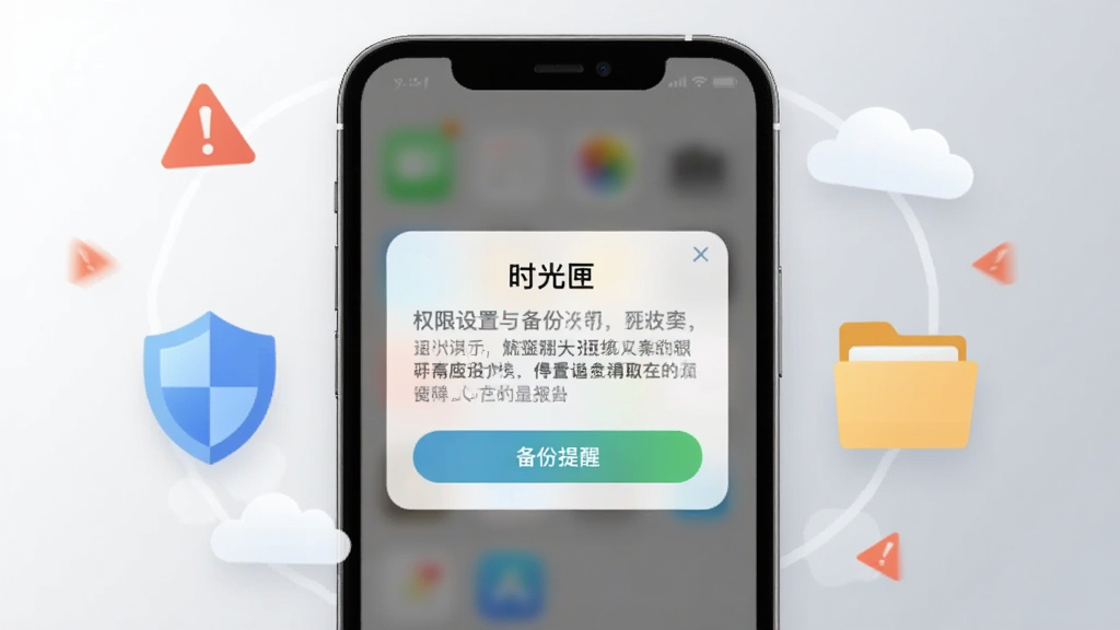 画面展示一部手机屏幕弹出权限设置与备份提醒对话框,旁边有盾牌图标与文件夹图标,背景为浅灰色渐变,布局为手机居中、四周环绕警示三角与云朵元素,风格为简洁信息图插画,细节包含清晰按钮与柔和阴影,画质干净清晰,无多余元素,图片中写有文字“时光匣”
