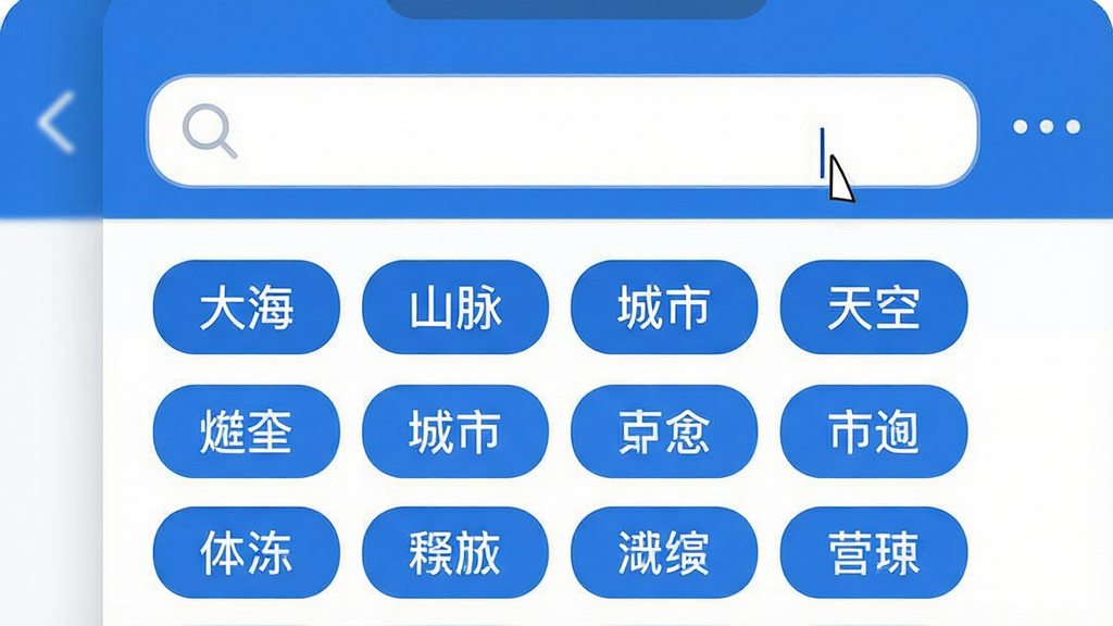 画面主体为手机搜索界面与分类标签云,布局采用顶部搜索栏加下方标签矩阵的排版,标签包含“大海”“山脉”“城市”“天空”等关键词;风格为现代扁平化设计风格,细节上搜索框内有光标闪烁,标签以圆角矩形呈现,整体色调以蓝白为主,画质清晰干净,无多余元素
