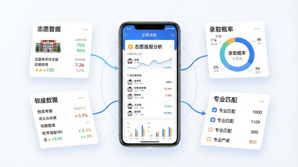 一张展示高考AI志愿助手软件界面的整体概览图,画面中央是手机屏幕显示志愿填报分析页面,周围环绕院校数据卡片、录取概率环形图与专业匹配列表,布局采用中心辐射式排版,风格为清爽科技教育风,细节包含蓝色数据线条、白色背景与柔和阴影,画质清晰干净无多余元素