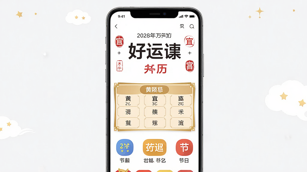 主体为一部竖屏安卓手机,屏幕中央展示好运来万年历应用界面,上方显示公历日期与农历大字,中部为黄历宜忌卡片,下方排列节气与节日图标,布局居中对称,排版干净有序,风格为现代扁平化UI设计,细节包含红色印章式宜忌标签与金色边框装饰,画质清晰锐利,画面干净无多余元素
