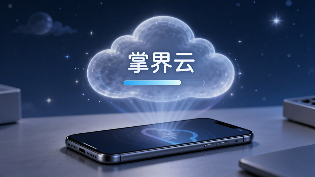 画面主体为一部手机放置在桌面上处于息屏状态,上方悬浮一朵发光的云,云中显示
