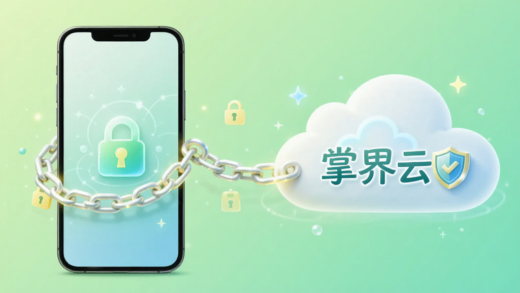 画面中央是一部手机与一朵云之间由一条发光的锁链连接,云中显示