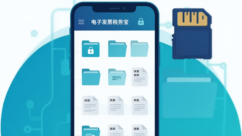 主体为一部手机和一张存储卡图标,手机屏幕显示电子发票税务宝的文件管理界面,界面中有文件夹图标和发票文件缩略图;布局为手机居中,存储卡图标位于手机右上方;排版简洁,突出本地存储概念;风格为科技感扁平插画,色调以深蓝和青色为主;细节包括锁形安全图标、文件夹、文件列表;画质清晰,干净,无多余元素